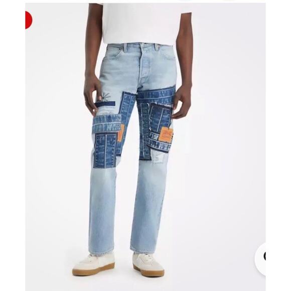 NWOT Levi’s 501 Orig Fit Jeans Distressed Patchwork Streetwear Cotton Blue 32x32 - Picture 3 of 8
